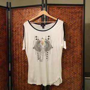 Vintage Y2K LAVA Elephant Graphic Tee M Medium Cold Shoulder Tribal Art
